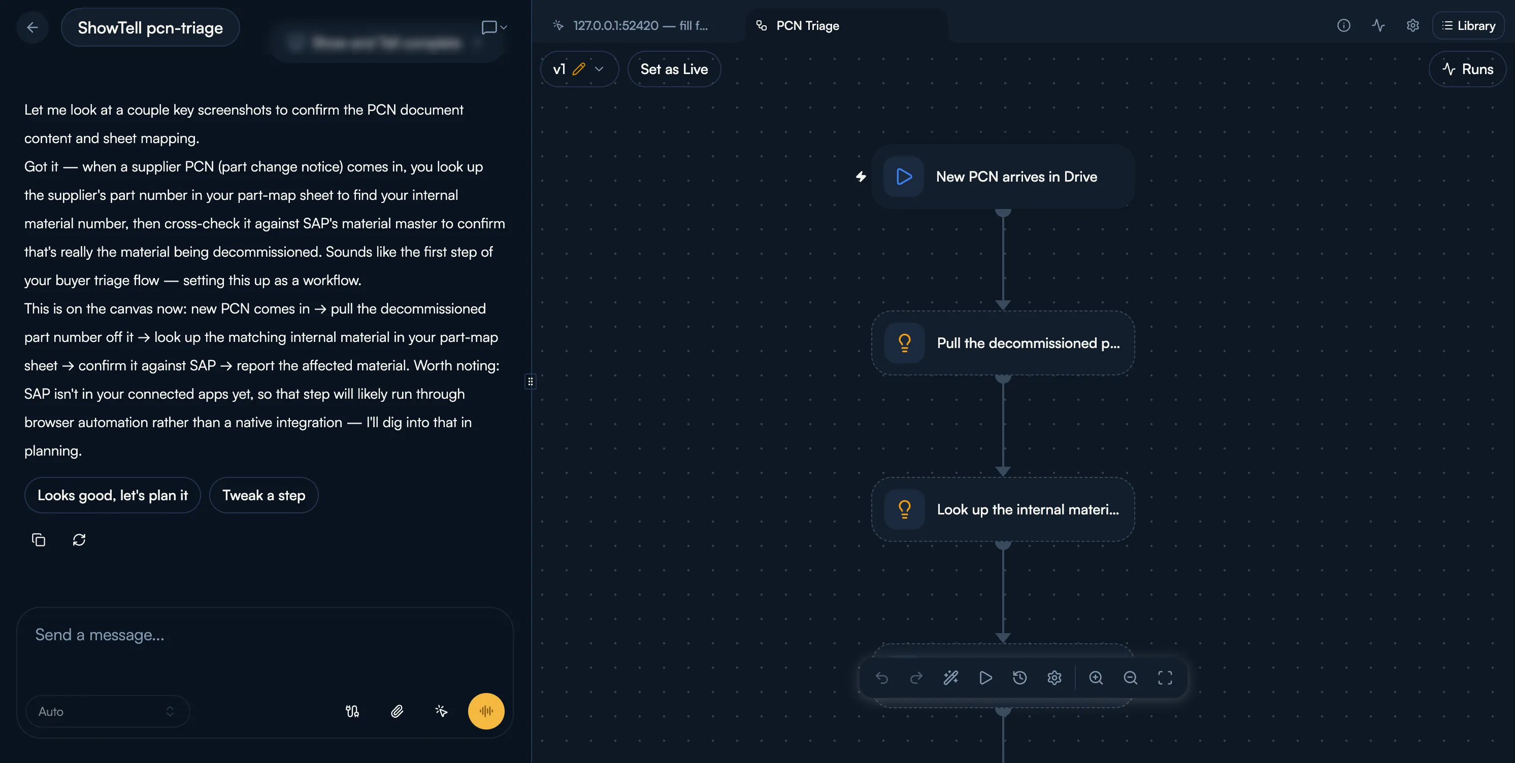 A recorded Brackett example showing the agent summarizing a supplier part-change process, mapping the steps, and asking the user to review them.