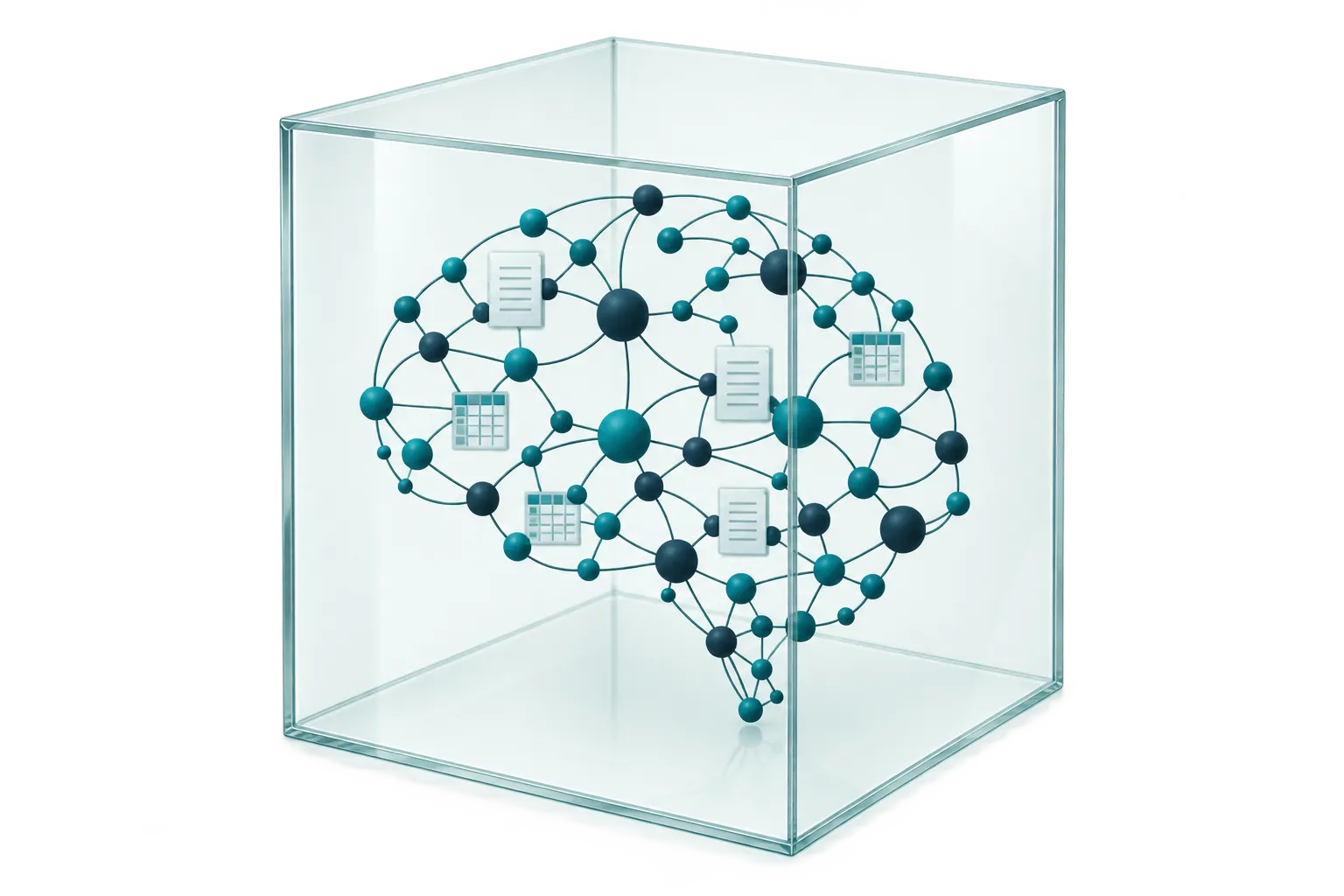A brain of connected business records inside a transparent box.